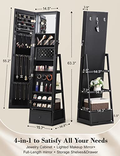 Nicetree 360° Swivel Jewelry Cabinet with Lights, Touch Screen Vanity Mirror, Rotatable Full Length Mirror with Jewelry Storage, Standing Jewelry Armoire Organizer, Foldable Makeup Shelf, Black
