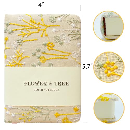 ipoul Embroidered Pocket Notebook for Women, A6 Mini Cloth Journal, Hardcover, 264 Pages, 4x6 Small Lined Notebook & Sketchbook, Beautiful Diary, Little Notepad, Apricot Yellow.