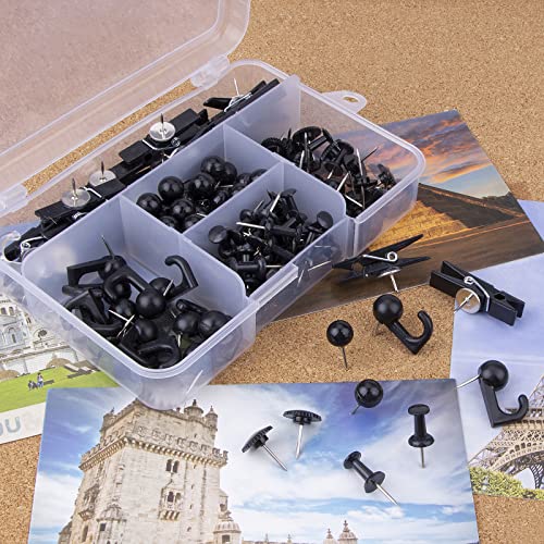 Black Push Pins Set, 5 Styles 140-count Thumb Tacks Map Pins, Steel Point and Dark Plastic Head Pushpins Black Thumbtacks for Cork Board Bulletin Boards (Black-140pcs)