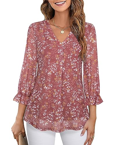 Youtalia Blouses for Women Fashion 2023,Ruffle 3/4 Sleeve Ladies Dressy Tops Elegant V Neck Tunic Shirts for Women Business Attire Work Clothes for Office Floral Flowy Peasant Tops Dreamy Violet M