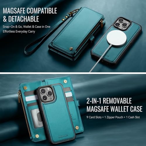 Defencase for iPhone 15 Pro Magnetic Wallet Case Compatible with Magsafe with RFID Blocking Zipper Strap Card Holder for Women, PU Leather Detachable Case for iPhone 15 Pro (6.1 inches), Blue Green