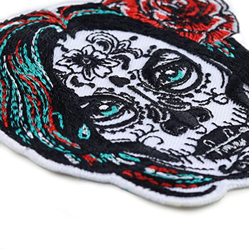 MEXICAN SKULL Sew on patch - La Calavera Catrina Iron on Patches for Mexicans, Bikers, Rockers - dia de los muertos Tattoo Embroidery Patch for Jackets, Jeans, Backpacks, Hats - 2.16x3.54 in