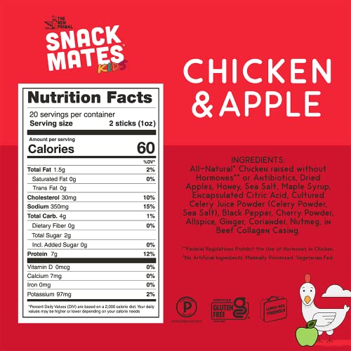 The New Primal Snack Mates Chicken & Apple Sticks, Gluten Free Healthy Snacks for Kids, Low Sugar High Protein Back to School Snacks, Mini Paleo Jerky Meat Stick, 7g Protein, 60 Calories, 10 Pack