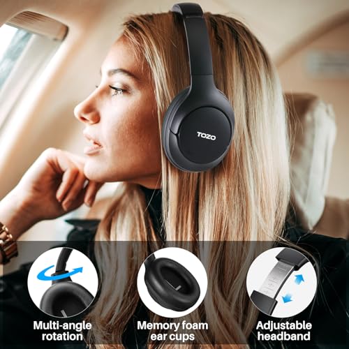 TOZO HT2 Hybrid Active Noise Cancelling Headphones, Wireless Over Ear Bluetooth Headphones, 60H Playtime, Hi-Res Audio Custom EQ via App Deep Bass Comfort Fit Ear Cups, for Home Office Travel