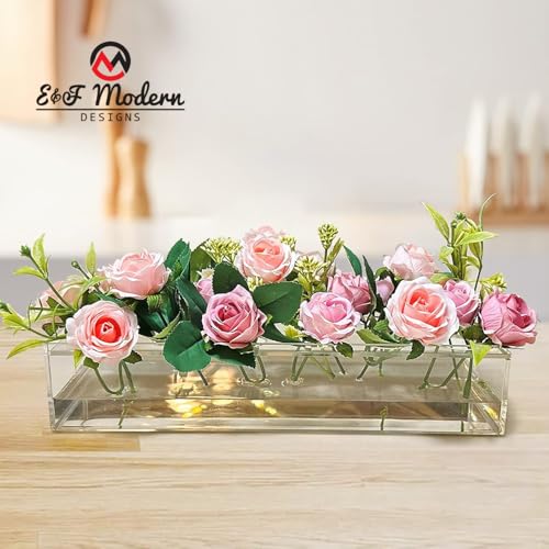 E&F Modern Designs Rectangular Floral Centerpiece Vases - 2 Pack 16 Holes Acrylic Clear Vase - Decorative Rectangle Flower Holder for Wedding Centerpiece Table Decorations