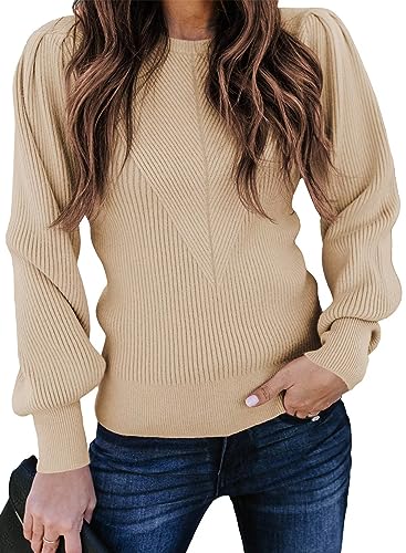 Dokotoo Sweaters for Women 2024 Trendy Crewneck Long Lantern Sleeve Casual Loose Ribbed Knit Sweater Solid Soft Pullover Jumper Tops Yellow Medium