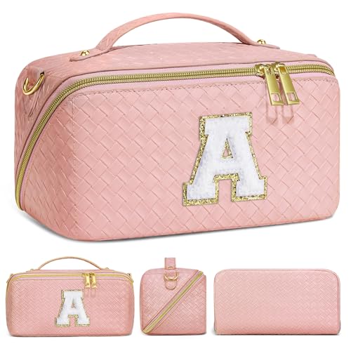 YOOLIFE Travel Makeup Bag Cosmetic Bag - Portable Leather Waterproof Initial Make Up Bag Travel Toiletry Bag Makeup Bag Organizer Makeup Bags Makeup Pouch Small Makeup Bag Unique Birthday Gifts Pink T