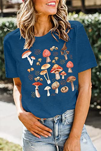 MAIHUN Mushrooms Shirts for Women Mycology Tshirt Fungi Lover Tee Mushroom Graphic Short Sleeve Blue