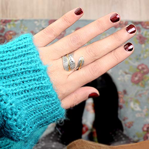 Boho-Magic 925 Sterling Silver and Brass Leaf Adjustable Ring for Women, Cool Plain Simple Open Wrap Feather Ring Size 7-10