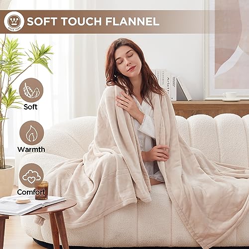 Westinghouse Heated Blanket Throw, Electric Throw with 6 Heating Levels, 2-10 Hours Time Settings, Overheat Protection, Machine Washable, Flannel (Throw, 50x60 Inches, Beige)