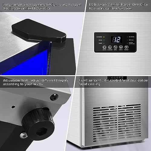 Commercial Ice Maker Machine 130LBS/24H with 35LBS Storage Bin, Stainless Steel Undercounter/Freestanding Ice Cube Maker for Home Bar Outdoor, Automatic Operation, Include Scoop, Connection Hose