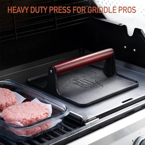 Cast Iron Grill Press - 8 x 4 Inch, 2.6 lb Griddle Press with Cool-Touch Wood Handle - Pre-seasoned for Steak, Burgers, Sandwiches, and Paninis – Non-Stick Grill Weight