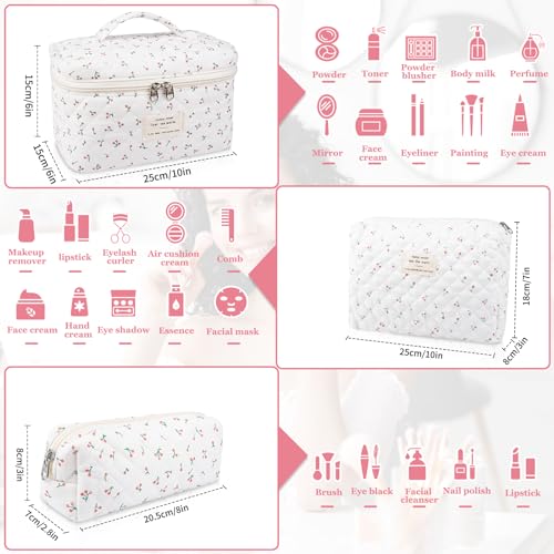 Makeup Bag Set, Quilted Makeup Bag, Large Floral Cosmetic Bag for Women, Cute Cotton Makeup Bags, Flower Travel Toiletry Organizer Bag