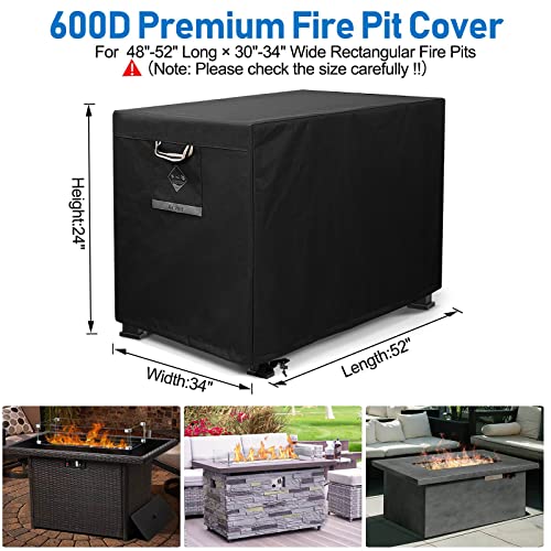 QH.HOME Fire Pit Cover Rectangular Super Waterproof 42" L x 24" W x 24" H, UPF 50+ Outdoor Fire Pit Table Cover 600D Strong Tear Resistant and Fading Resistant for Rectangular Fire Pit - Black