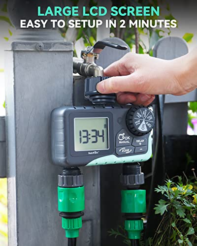 RAINPOINT Water Timer for Garden Hose - 2 Zone Sprinkler Timer with Rain Delay/Manual Watering/Automatic Irrigation Controller System - Water Hose Timer Programmable Faucet Timer for Yard Lawn