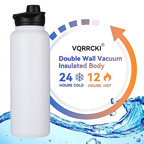 VQRRCKI 40 oz Insulated Water Bottle with Straw, Stainless Steel Sports Water Bottles with 2 Lids (Straw and Wide Mouth lid), Double Wall Vacuum, Leakproof, BPA-Free, White