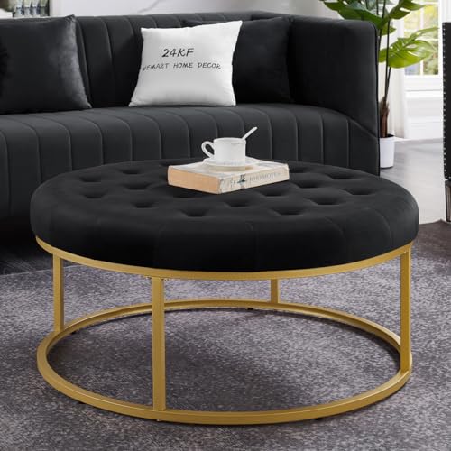 24KF Middle Century Upholstered Tufted Coffee Table with Velvet Padded Seat, Large Round Ottoman with Golden Metal Frame -5090-G-Blush