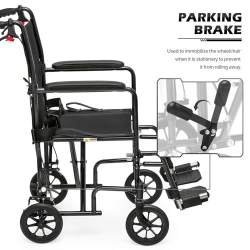 monicare Wheelchairs for Adults 16 inch Seat Folding Compact Transport Chair with Loop-Lock Handbrakes and Back Folds Down Foldable Lightweight Wheel Chair for Storage, 250 lbs Capacity, Black