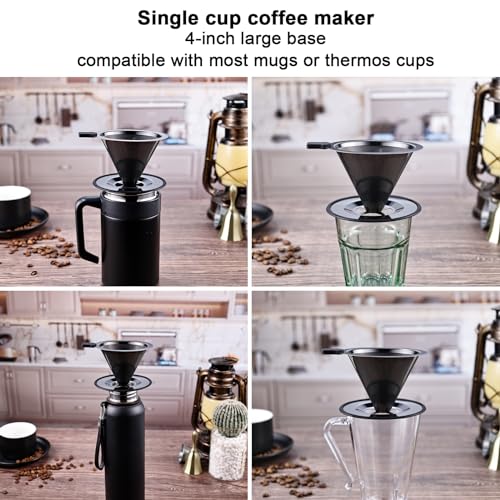 Single Cup Pour Over Coffee Dripper CAMPINGLIFE Reusable Stainless Steel Pour Over Coffee Filter Paperless Metal Coffee Strainer Coffee Maker(Black)