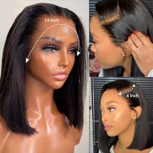TONGMAY 8 Inch Short Bob Wig Human Hair Straight Bob Lace Front Wigs Human Hair for Women 180% Density Brazilian Virgin Human Hair Bob Wig 13x4 HD Transparent Lace Frontal Bob Wigs Natural Black