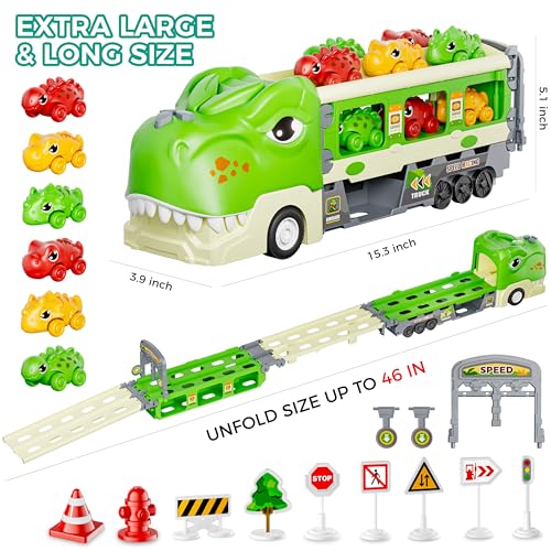 Funwee Dinosaur Truck Toys for 2 3 4 5 6 7 Year Boy Toddler, Foldable Track & 2 Player Race Mode, Light & Sound Transport Carrier W/ 6 Dino Car & 12 Accessories, Birthday Gift Idea for Kids Girls