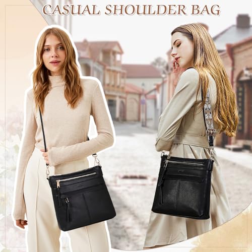 RAVUO Crossbody Bags for Women, Vegan Leather Shoulder Purse Ladies Casual Wallet Satchel with 2 Detachable Straps Black