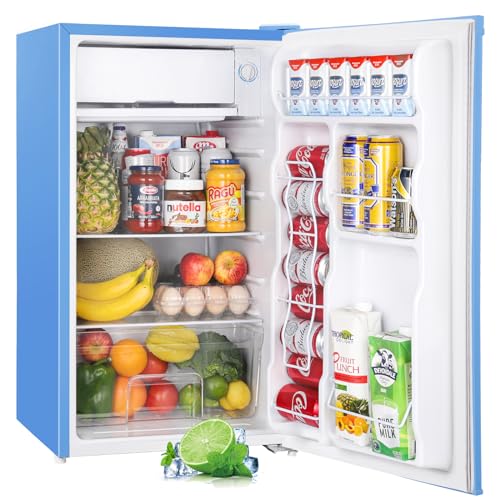 Upstreman 3.2 Cu.Ft Mini Fridge with Freezer, Single Door Mini Fridge, Dorm Fridge, Adjustable Thermostat, Mini Refrigerator for Bedroom, Office, Dorm, Blue-BR321