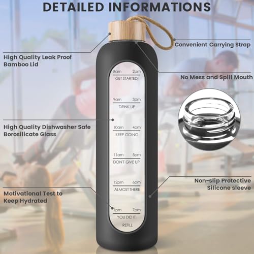 PROBTTL 25 oz Glass Water Bottles - Time Marker Motivational Borosilicate Glass Water Bottle With Silicone Sleeve and Bamboo Lid, Leak Proof, Reusable, BPA Free (Black)