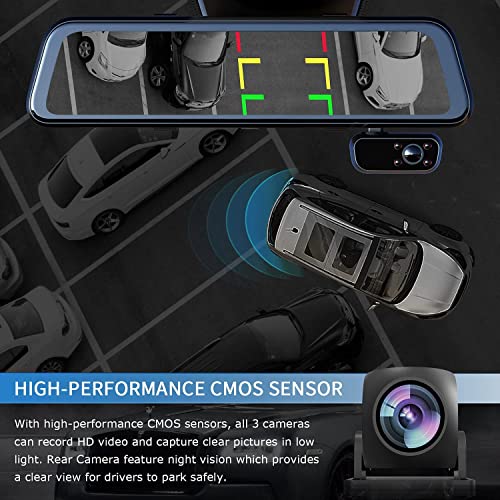 PRUVEEO 2K Mirror Dash Cam 3 Channel,Rear View Mirror Camera,Dash cam Front and Rear Inside,12'' Full Touch Screen, IR Night Vision,GPS,Parking Assistance,Free128GB Card