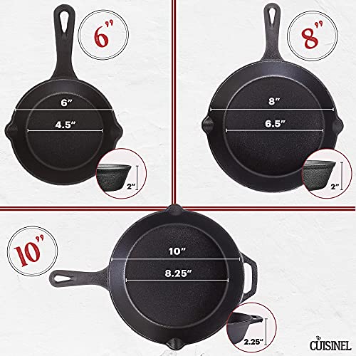 Cuisinel Cast Iron Skillet Set - 6"+8"+10"-Inch + Glass Lids + Silicone Handle Holder Covers - Pre-Seasoned Frying Pan - Oven Safe Cookware - Indoor/Outdoor, Grill, BBQ, Fire, Stovetop, Induction Safe