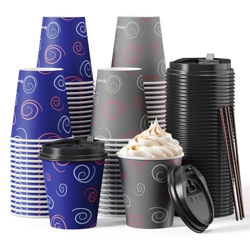 TV TOPVALUE 100 Pack 10 oz Paper Cups, Disposable Coffee Cups with Lids and Straws, Drinking Cups for Water, Coffee, Tea, Hot Coffee Cups for Home, Shops and Cafes