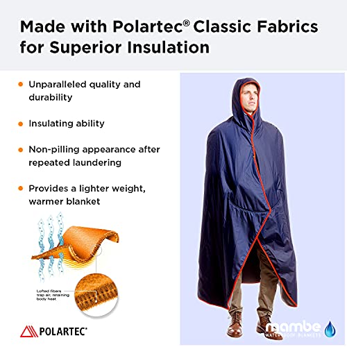 Mambe Small Extreme Weather Hooded Blanket Black - 100% Waterproof and Windproof with Premium Stuff Sack - Perfect for Stadiums and Watching Sports Activities - Machine Washable Fleece