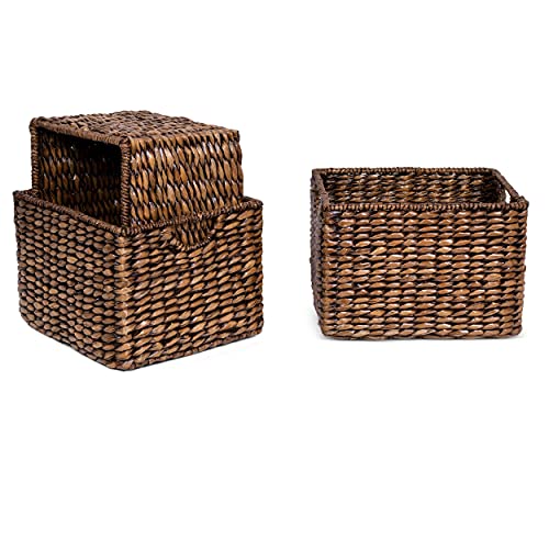 BIRDROCK HOME Storage Shelf Organizer Baskets with Handles - Handwoven Abaca Seagrass Wicker Basket for Pantry, Living Room, Office & Bathroom, Versatile Under Shelf Storage - Set of 3, Brown Wash