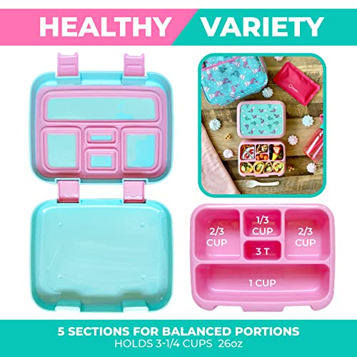 kinsho Bento Lunch Box. Insulated Bag, Water Bottle & Ice Pack Set for Kids, Toddlers, Girls. 5 Portion Sections, Removable Tray, Pre-School Toddler Daycare Lunches, Snack Container, Aqua Cat Mermaid