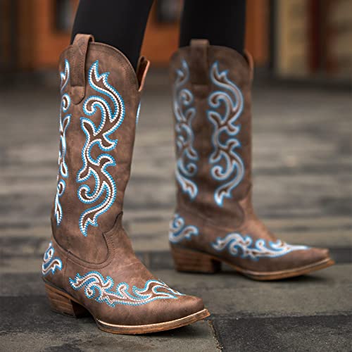 HISEA Rollda Cowboy Boots for Women Western Cowgirl Boots with Chunky Heel Ladies Snip Toe Mid-Calf Boots Black Size 6