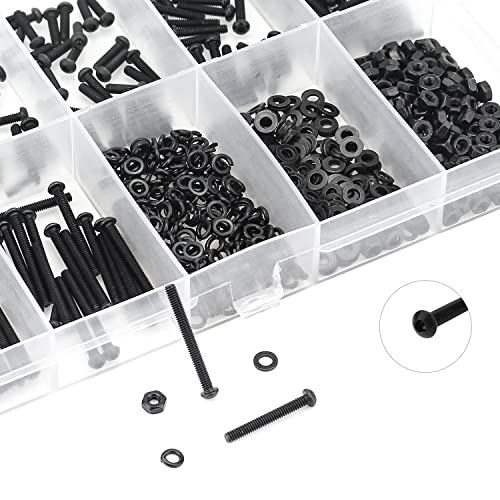 HELIFOUNER 560 Pieces M2 x 4mm /6mm /8mm /10mm /12mm /16mm /20mm, Button Head Socket Cap Screws Bolts Washers Nuts Kit, 10.9 Grade Alloy Steel, Full Threaded, Black