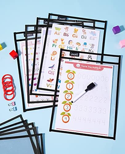 Gamenote Dry Erase Pockets 30 Pack with Rings - Oversized Reusable Plastic Sleeves Shop Ticket Holders Sheet Protectors Teacher Supplies Organization for Classroom Must Have (Black)