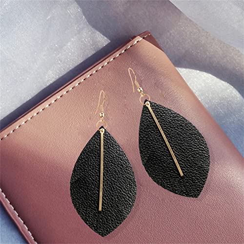 KVANU Handmade Bohemian Lightweight Soft Leather Leaf Dangle Drop Earrings Minimalist Fashion Fringe Chain Feather Hook Earrings for Women (Style-1-Grey)