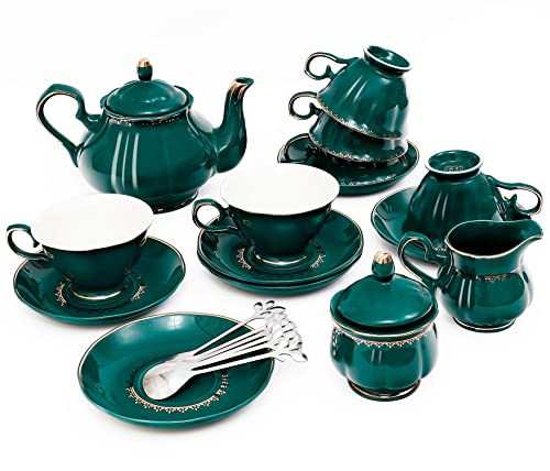 CHENP.HMC Tea Set 22-Piece Porcelain Ceramic Coffee Tea Sets Cups Saucer Service for 6 Teapot Sugar Bowl Creamer Pitcher and Teaspoons Porcelain Tea Set(Dark Green)