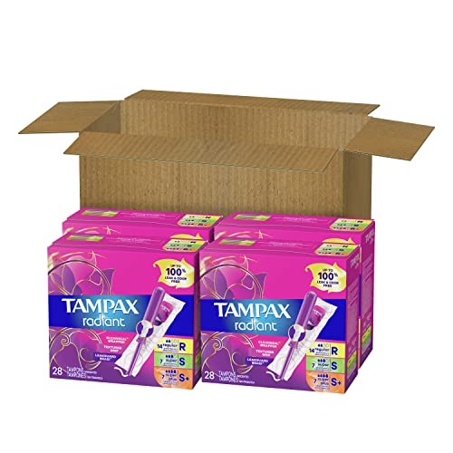 Tampax Radiant Tampons Multipack, Regular/Super/Super Plus Absorbency, With Leakguard Braid, Unscented, 28 Count X 4 Packs (112 Count Total)