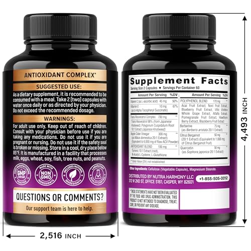 Resveratrol Supplement - 19-in-1 Organic Polyphenol Complex - Noni Extract | Berberine | Quercetin | Apple Cider Vinegar | Acai - Made in USA - Antioxidant & Heart Health Support - 120 Capsules