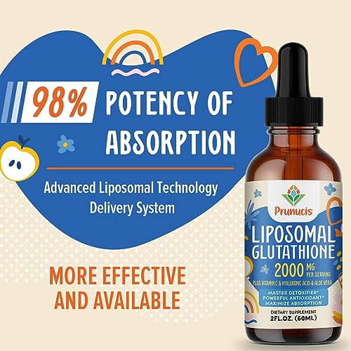 Prunucis 2000MG Liposomal Glutathione Liquid, 98% Absorption, Glutathione Liquid Supplement, Active Form L- Glutathione, Powerful Antioxidant Non-GMO for Immune System, Aging Defense, Detox, 2 FL.OZ