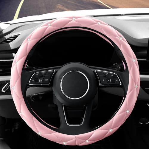 YOGURTCK Cute Diamond Soft Light Pink Leather Anti-Slip Steering Wheel Cover with Bling Bling Crystal Rhinestones, Universal 15 Inch for Women Girls, Fit Vehicles, Sedans, SUVs, Vans, Trucks