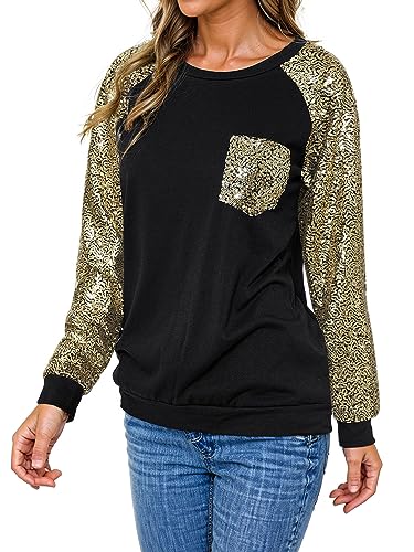 Ezcosplay Women Sparkling Sequins Tops Long Raglan Sleeves Glitter Shirt Sparkle Dressy Party Club Blouses Gold