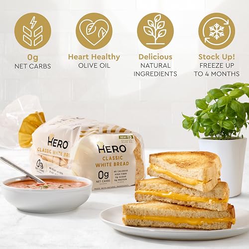 Hero Classic White Bread — Delicious Bread with 0g Net Carb, 0g Sugar, 45 Calories, 10g Fiber per Slice | Tastes Like Regular Bread | Low Carb & Keto Friendly Bread Loaf —15 Slices/Loaf, 4 Loaves