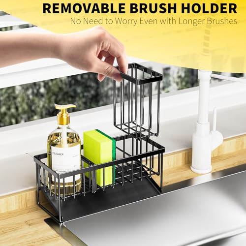 Cisily Kitchen Sink Caddy, Sponge Holder for Kitchen Sink, Kitchen Sink Organzier and Storage with High Brush Holder, Rustproof 304 Stainless Kitchen Gadgets Dish Sponge Organizer with Divider