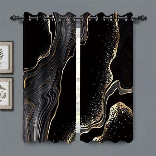 Baocicco Black Gray and Gold Marble Curtains for Bedroom Abstract Design Black Gold and White Marble Drapes for Living Room Luxury Gold Texture Blackout Grommets Window Curtains 2 Panels 53x63 Inch