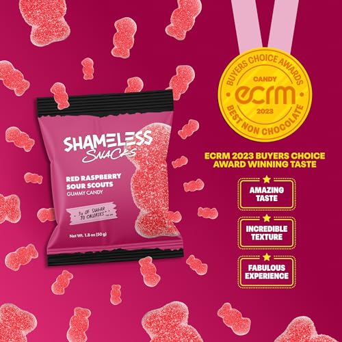 Shameless Snacks - Healthy Low Calorie Snacks, Low Carb Keto Gummies (Gluten Free Candy) - 6 Pack Red Raspberry Sour Scouts