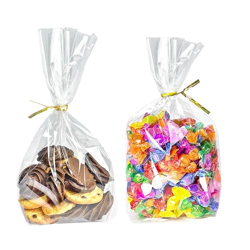 PigPotParty 6"x 9", 50Pcs Bottom Gusset Bags, Clear Cello Cellophane Plastic Treat Goodie Bags with 50x Twist Ties for Small Gift Party Favors, Cookie, Candy, Popcorn (No Side Gusset)