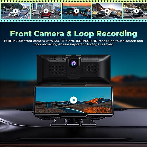 LAMTTO 9.26" Wireless Car Stereo Apple Carplay with 2.5K Dash Cam, 1080P Backup Camera, Portable Touchscreen GPS Navigation for Car, Car Stereo Receiver with Bluetooth, AirPlay, AUX/FM, Googel, Siri